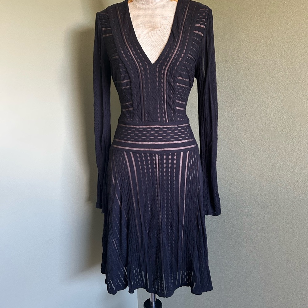 BCBGMaxAzria Black  Nude Sheer Lined Long Sleeve Dress Sz XS